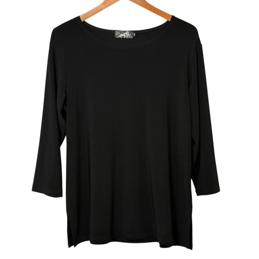 Sympli Women's Tunic Top Black 3/4 Sleeve Side Slits Minimalist Capsule Size 14